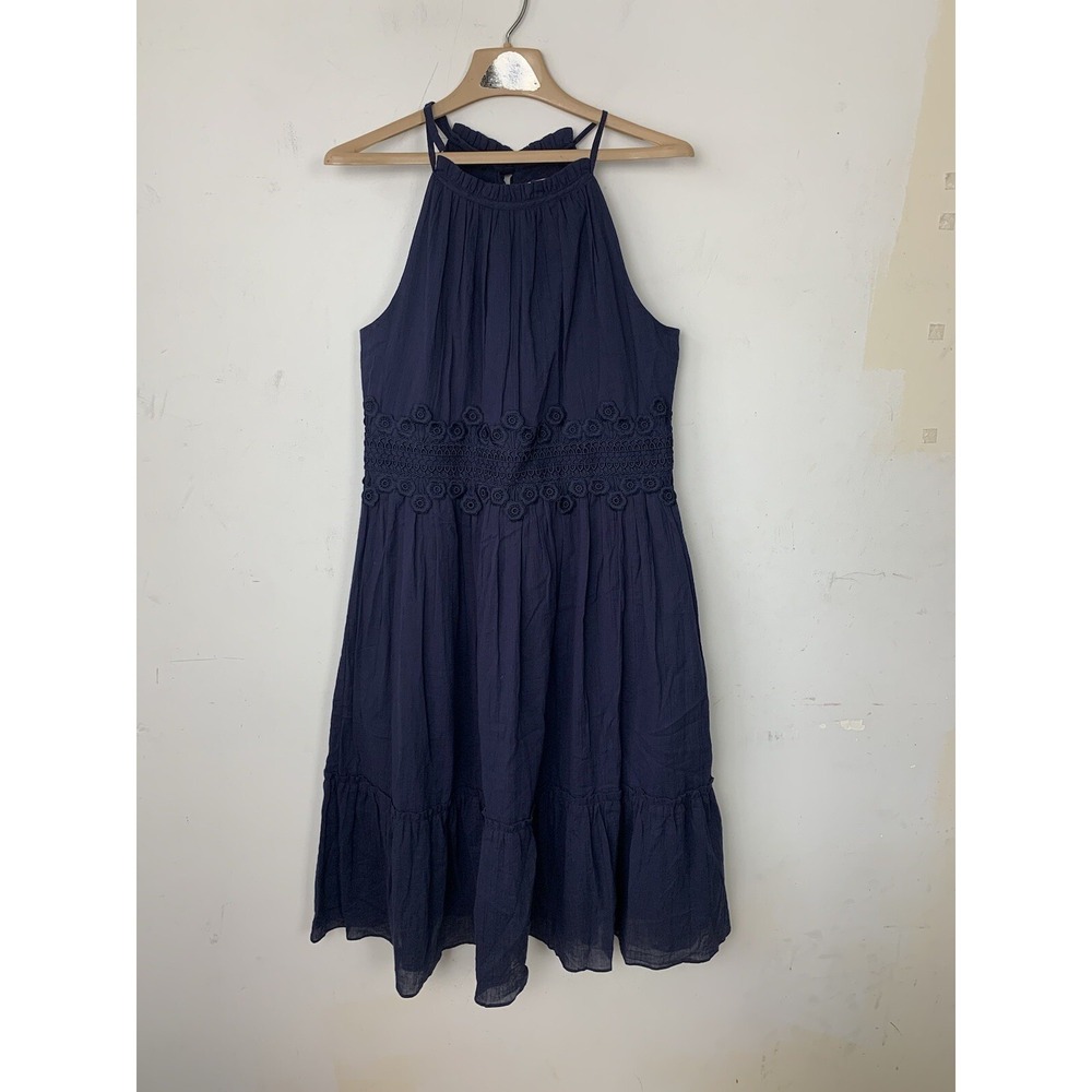 Eliza J Women Dress 12 Navy Blue Gauze Halter Crochet Tiered Boho Midi Coquette - Picture 1 of 8